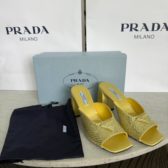 Prada Satin Crystal 1XX642 Ananas Yellow Slide Heel Mules Sandals, 36 & 38 - Picture 10 of 14
